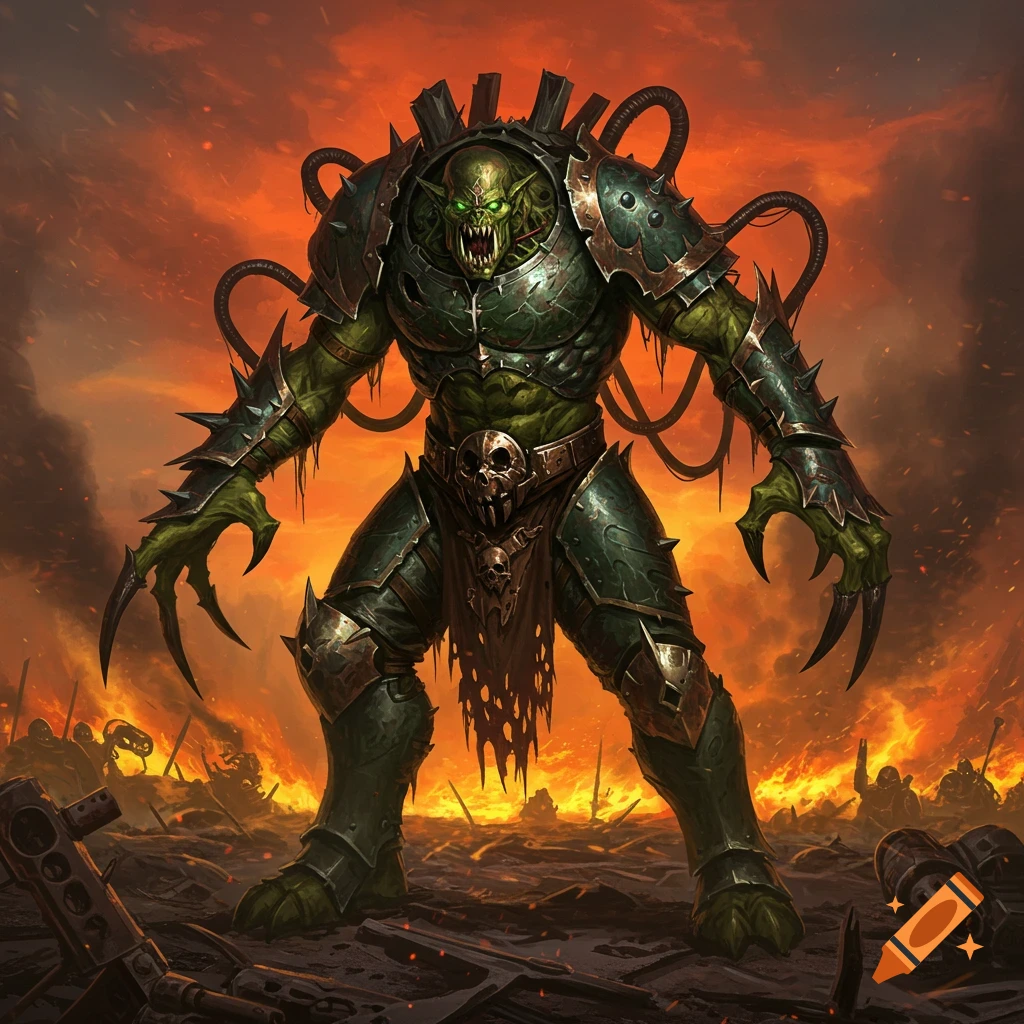 A monstrous green-skinned creature in spiked dark green armor with glowing green eyes and clawed hands, standing menacingly on a fiery battlefield.