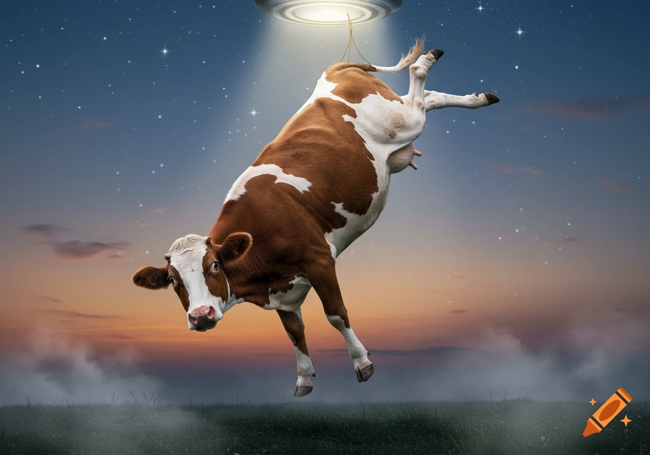 A surprised brown and white cow is abducted by a UFO's light beam against a starry night sky over a misty field.