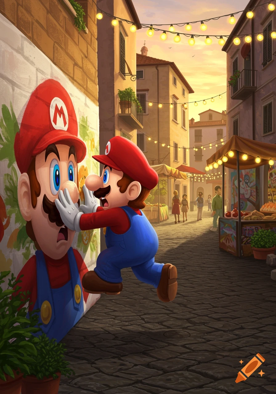 Cartoon Mario character touching a large graffiti of himself on a wall in a bustling European street market at sunset.