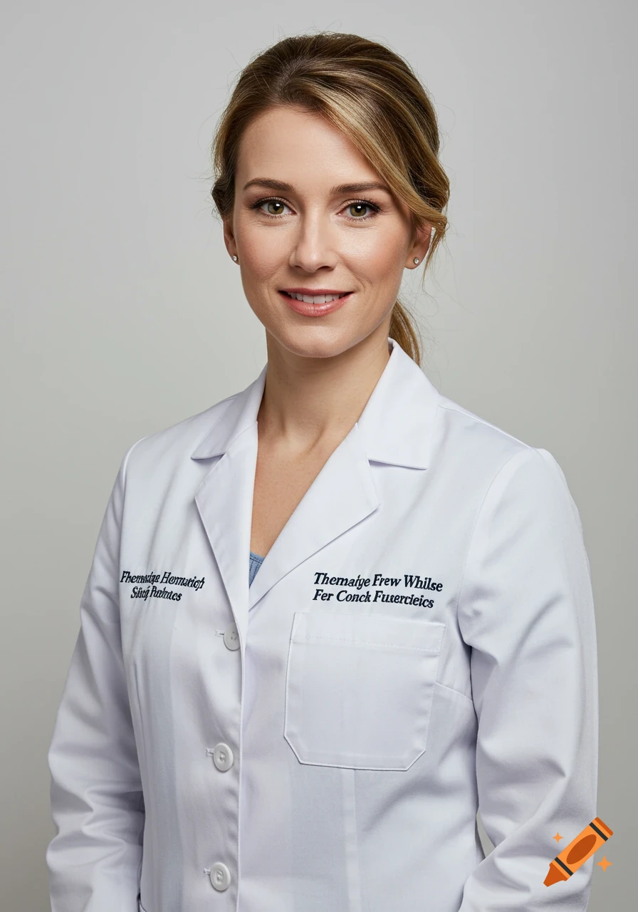 Photorealistic portrait of a woman in a white lab coat smiling against a plain background.
