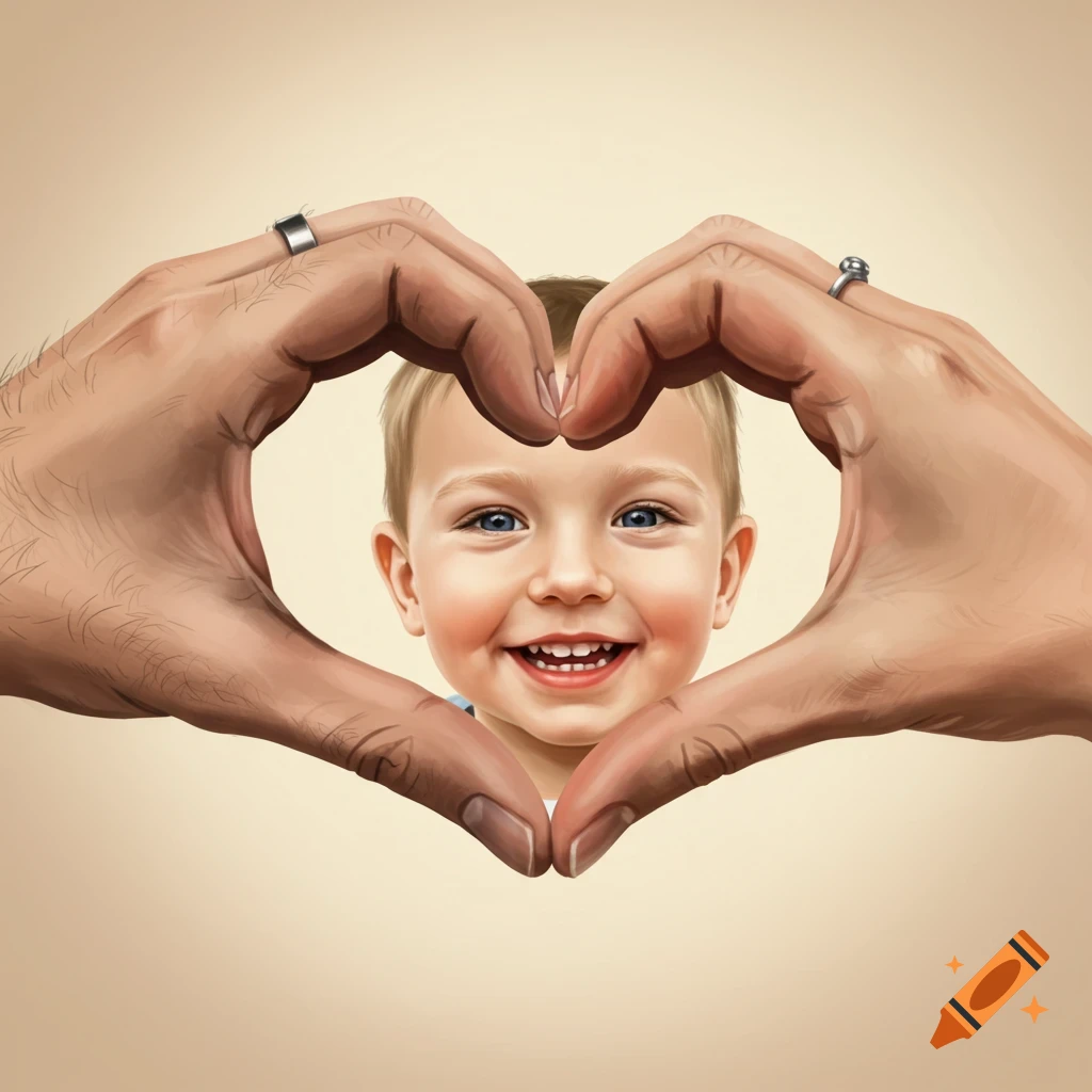 Two hands form a heart shape around the smiling face of a young child with blue eyes and blond hair, on a beige background.