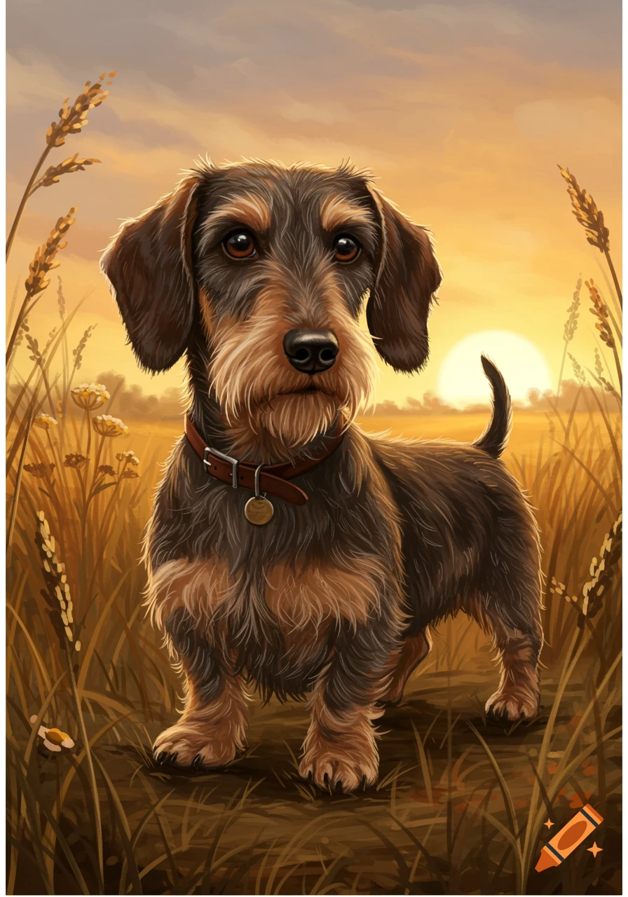A detailed illustration of a wirehaired dachshund standing in a golden field at sunset.