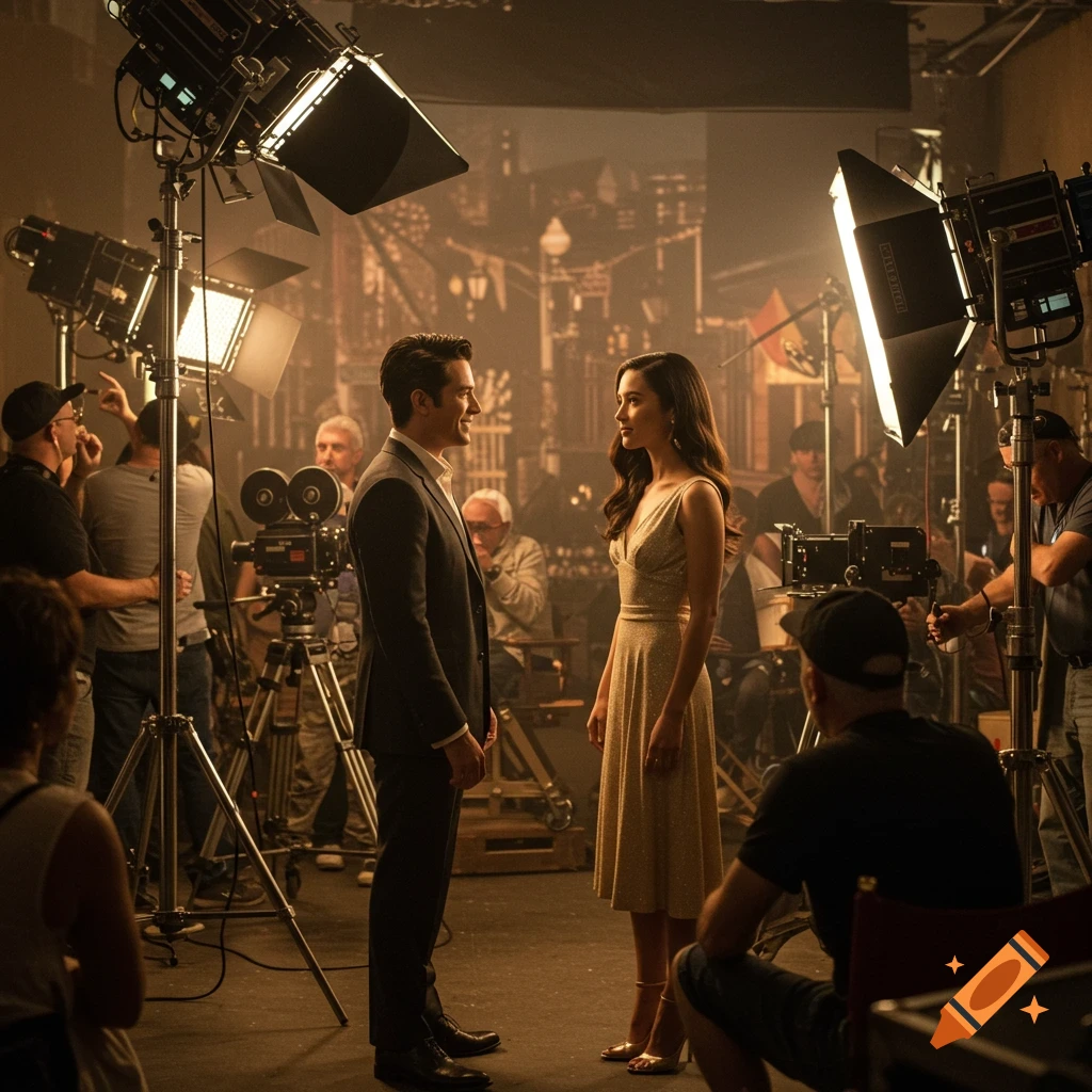 A man and a woman, dressed in elegant attire, stand on a brightly lit film set, surrounded by crew members, cameras, and large studio lights.