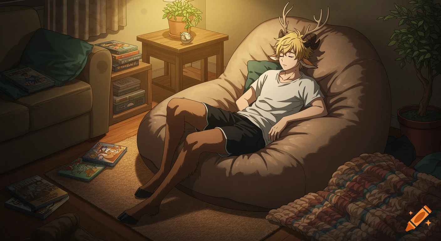 A blonde satyr with antlers and hooves sleeps on a bean bag chair in a cozy anime-style living room.