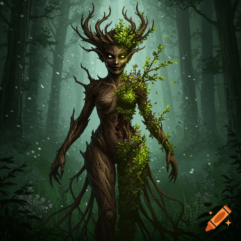 A wood nymph creature, half dark twisted wood, half vibrant green foliage, with antlers, stands in a misty, dark forest.