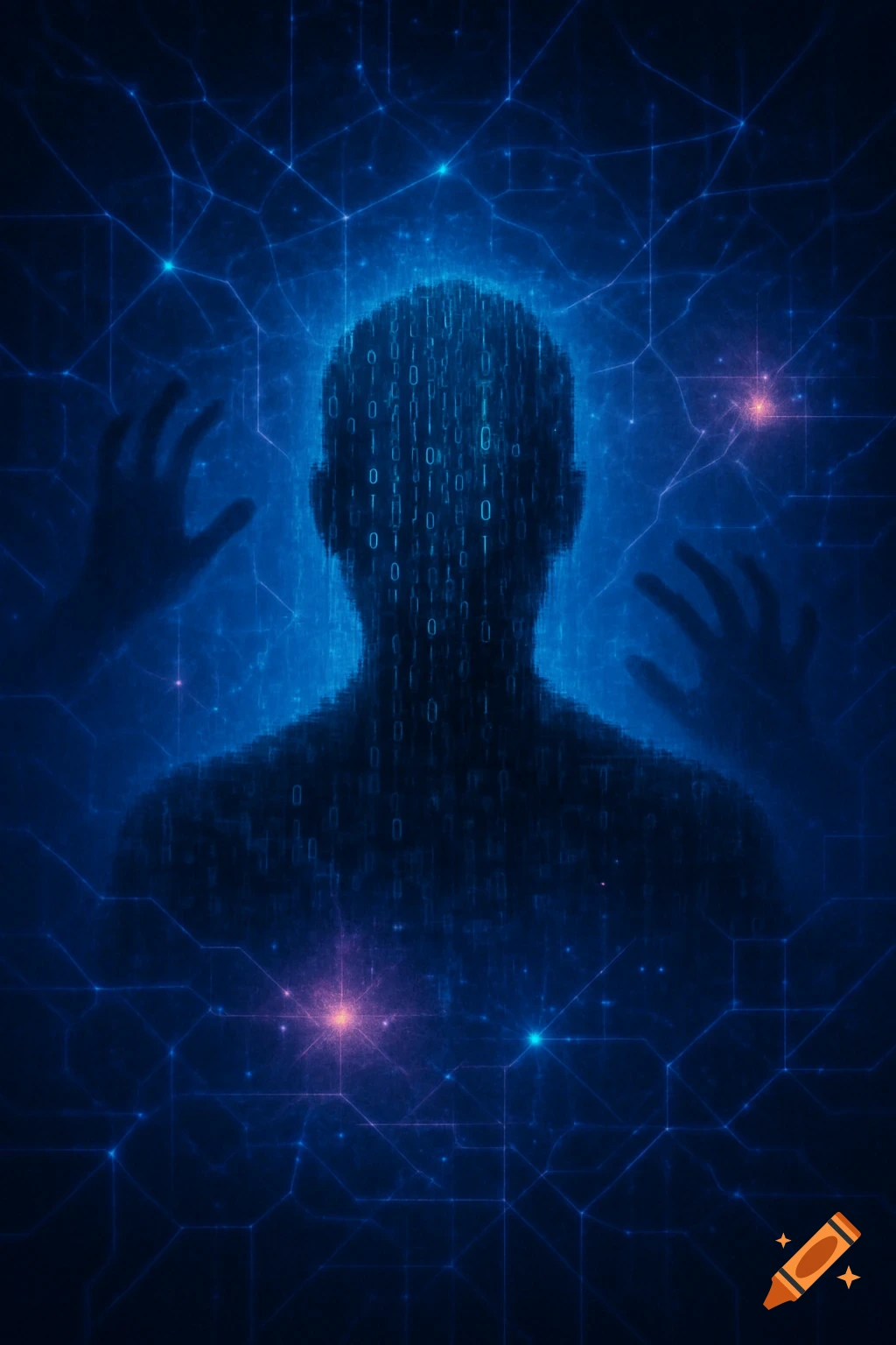 A glowing silhouette of a person made of binary code against a dark blue background with abstract glowing circuit lines and shadowy hands.