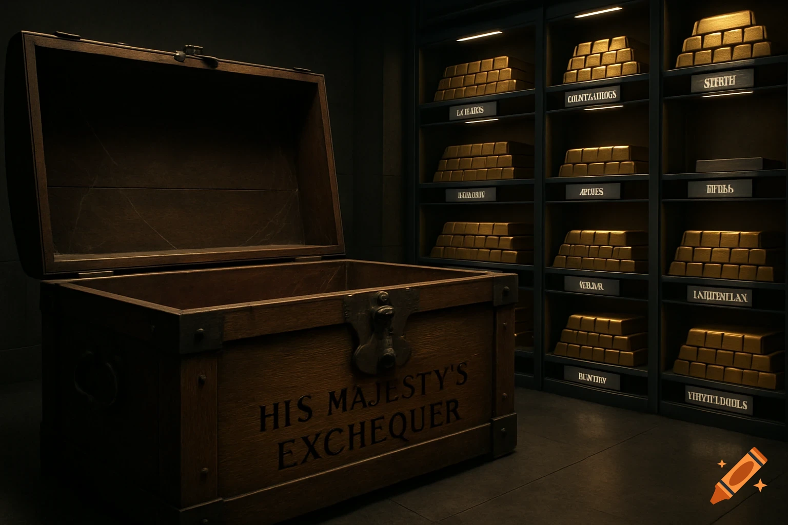 An open, empty wooden chest labeled "His Majesty's Exchequer" in a dark vault, with shelves of gleaming gold bars in the background.