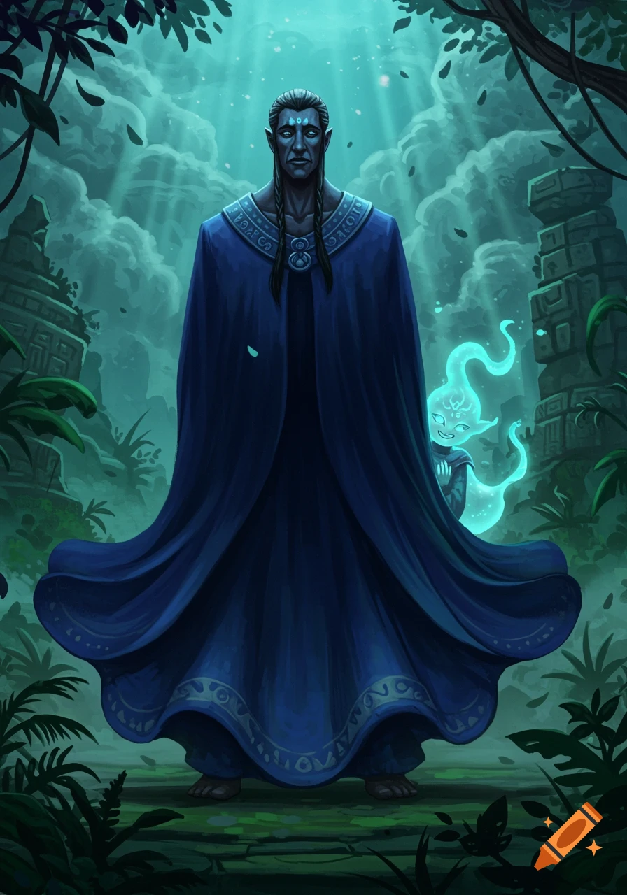 A solemn, dark-skinned elf-like man in a blue cape stands in mystical jungle ruins with a glowing blue spirit.