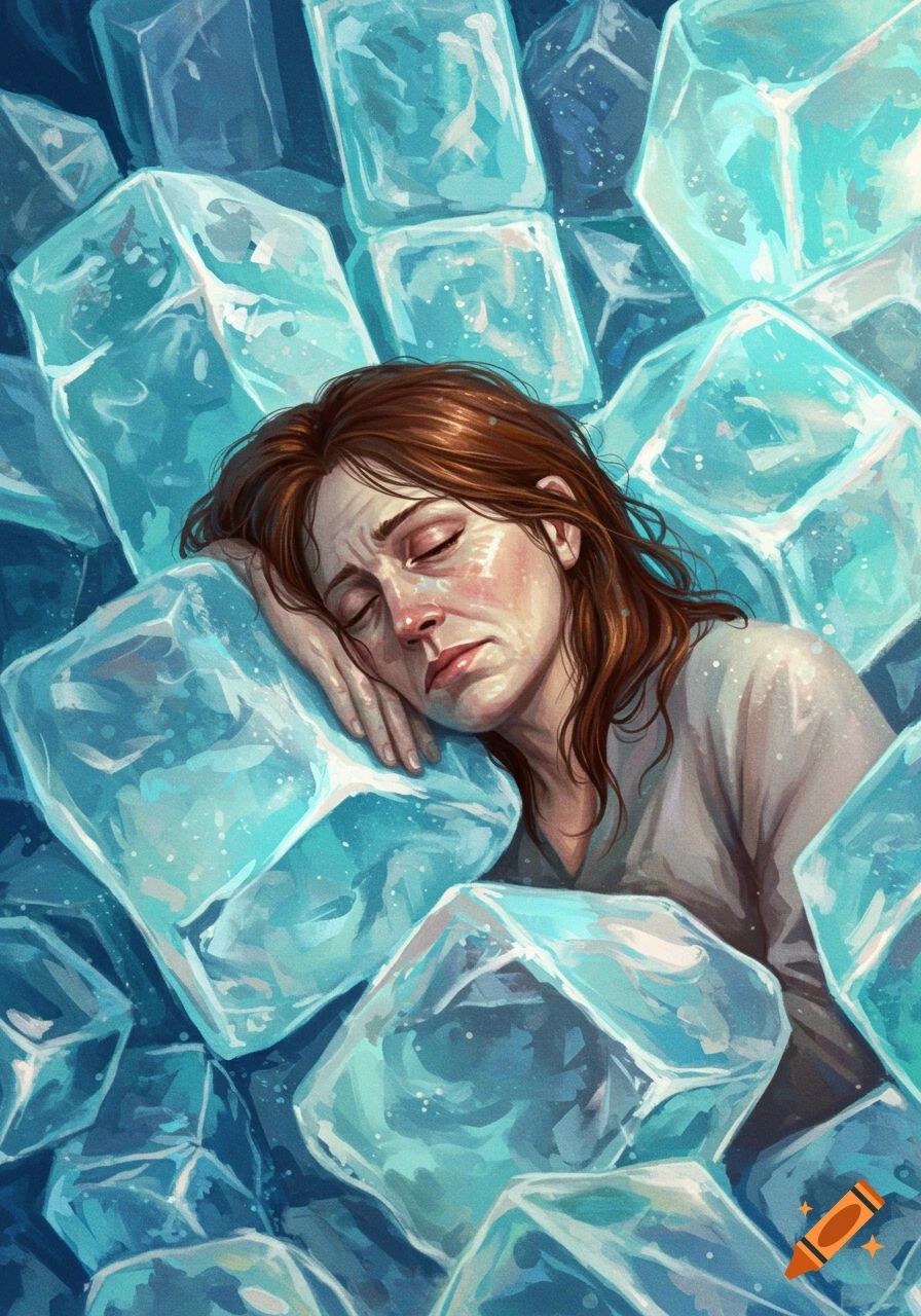Digital painting of a fatigued woman with closed eyes, resting on large, blue ice cubes.