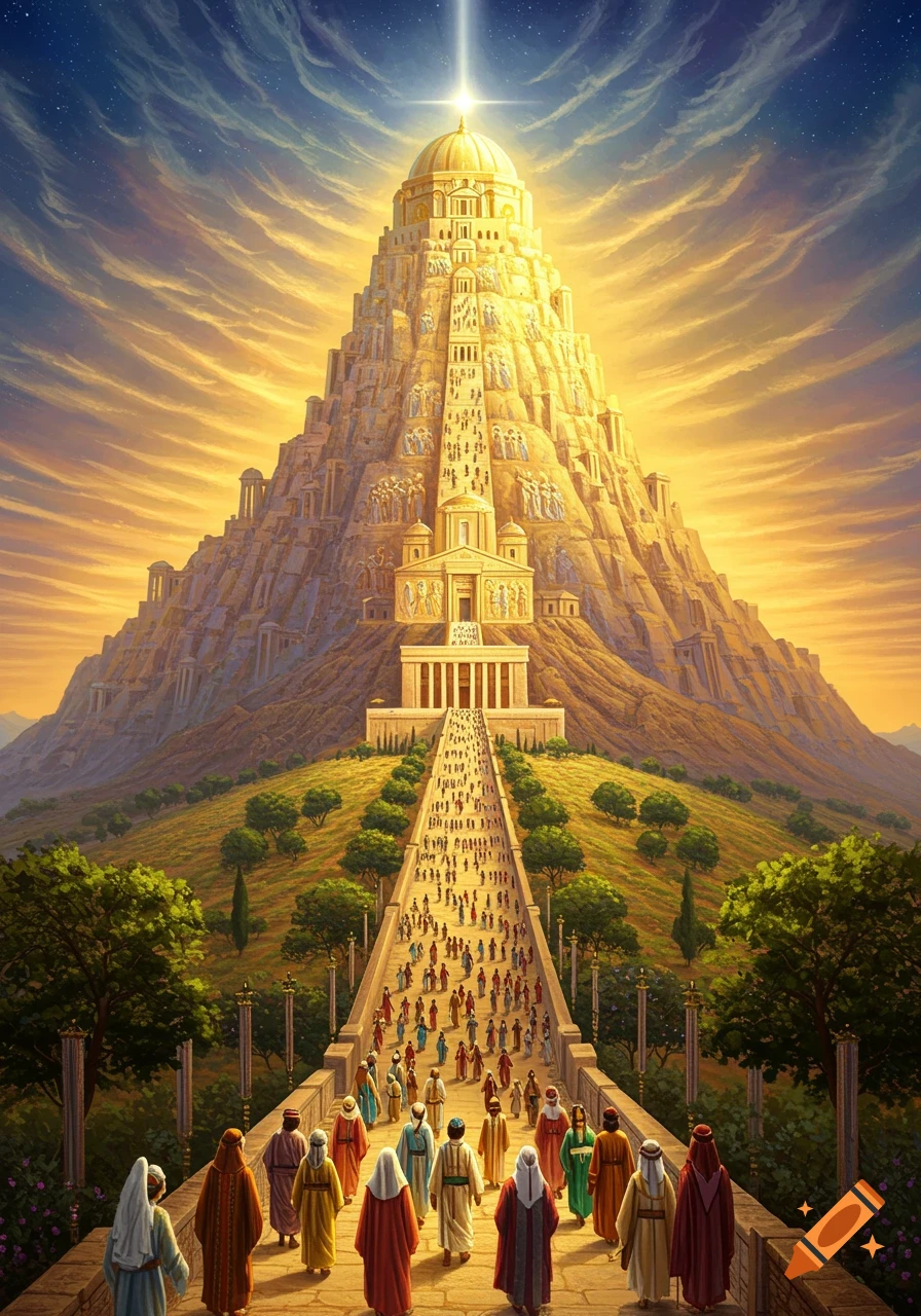 A grand, golden, tiered temple mountain bathed in celestial light, with a long path leading up to it, filled with a multitude of people.