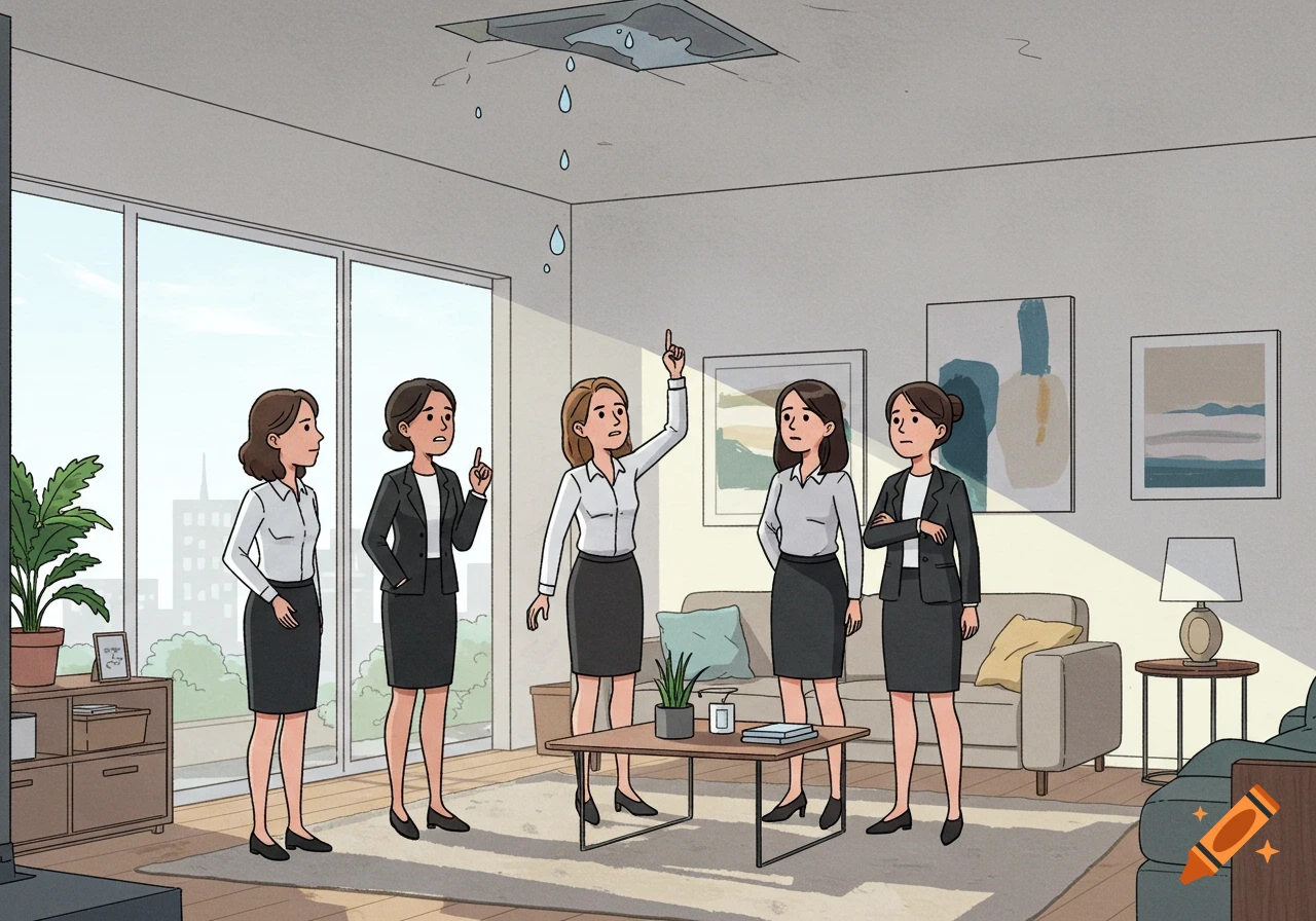 Five women in business attire point at a ceiling leak in a cartoon-style living room.