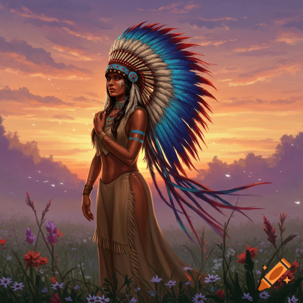 Copper-toned woman in a vibrant feathered headdress stands in a wildflower field at sunset, digital art.