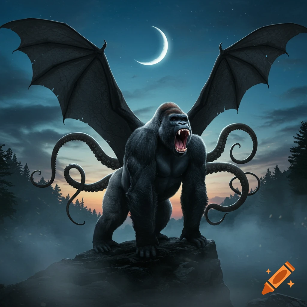 A roaring gorilla-like creature with large bat wings and tentacle arms stands on a rocky peak under a crescent moon in a dark, misty forest.