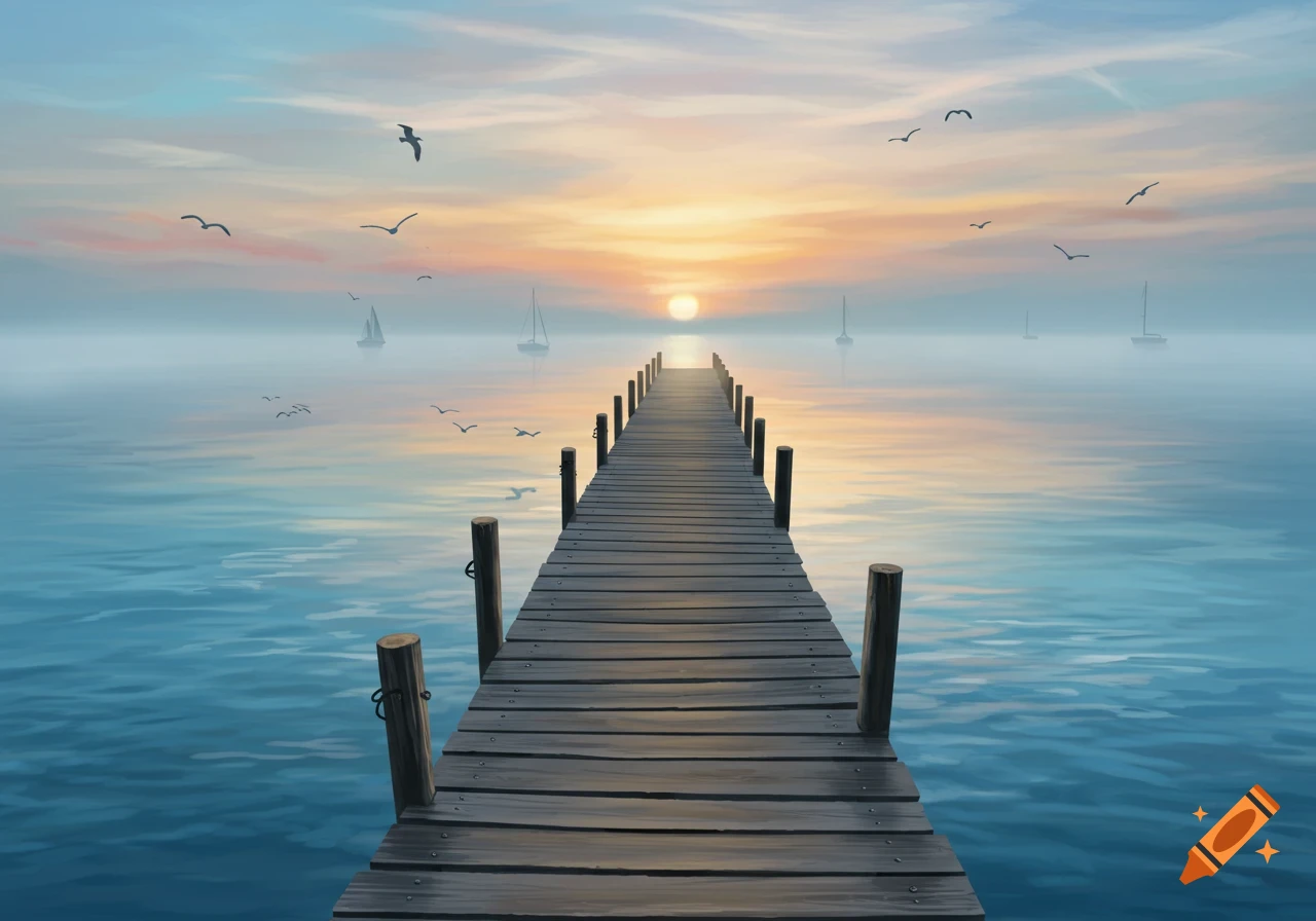 A wooden dock stretches into the calm ocean towards a vibrant sunset or sunrise with sailboats and birds in the misty distance.