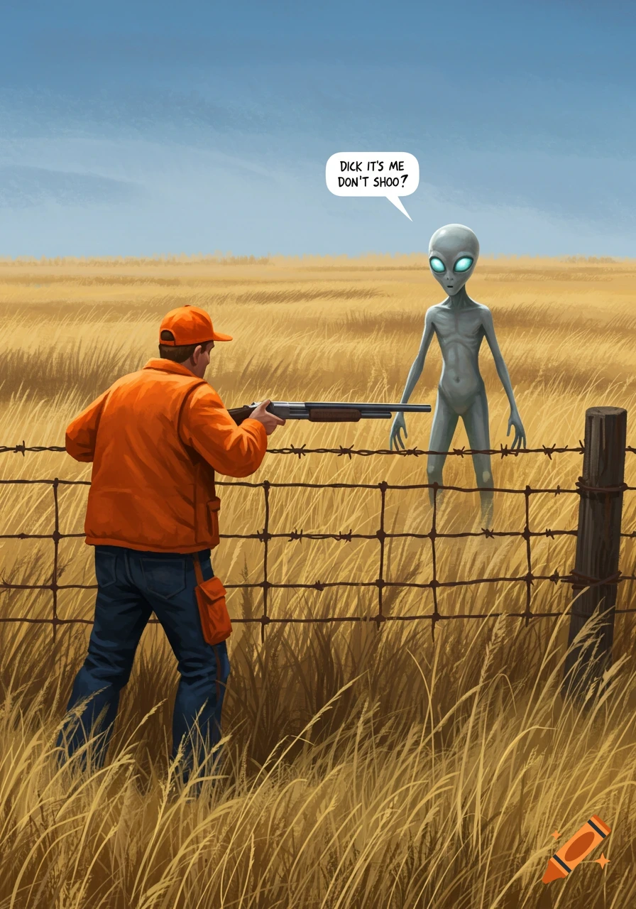 A hunter in orange points a shotgun at a grey alien behind a barbed wire fence in a field. The alien says, 'DICK IT'S ME DON'T SHOO?'.