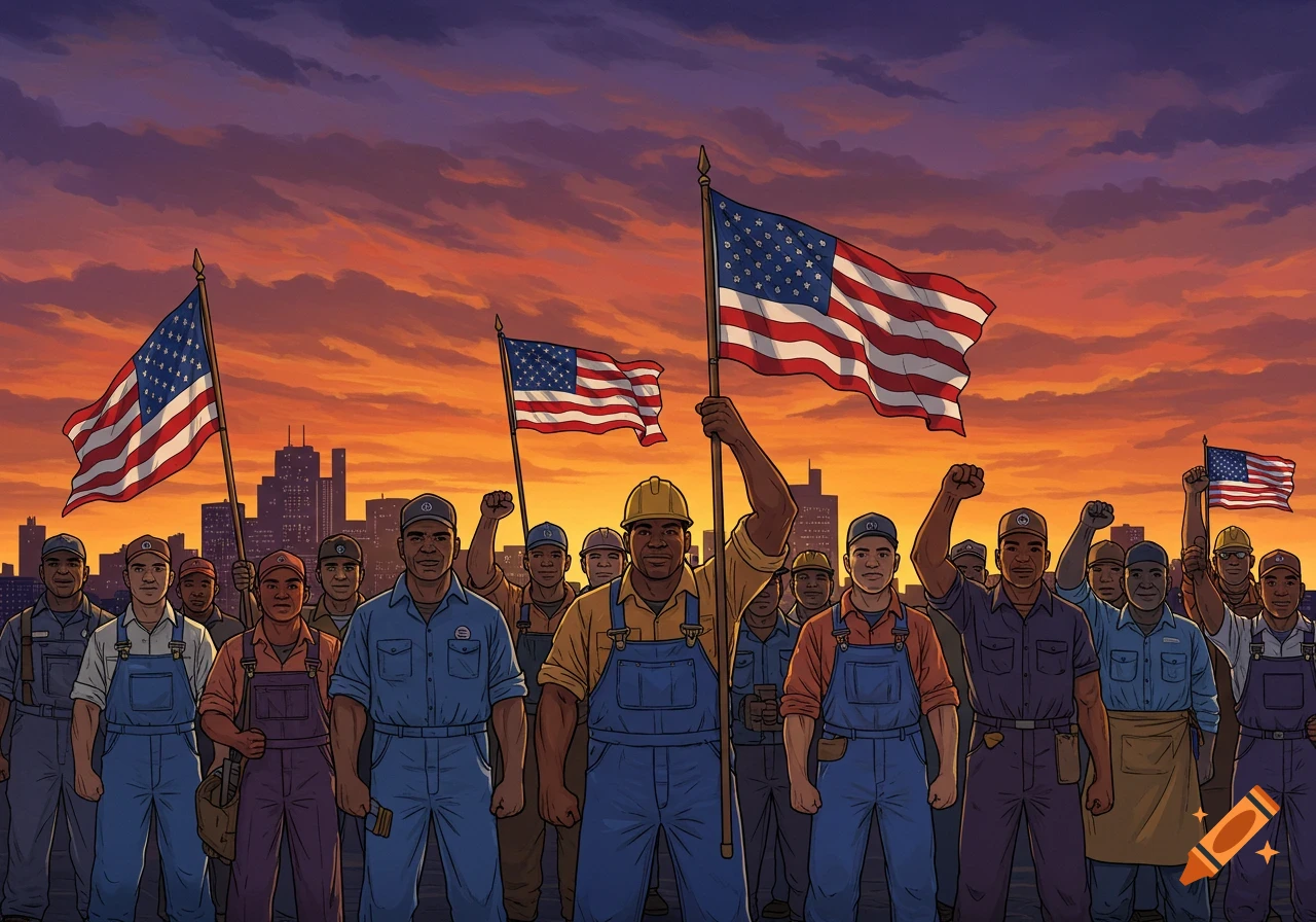 Cartoon illustration of a diverse group of blue-collar workers holding American flags, some with raised fists, against a sunset sky with a city skyline.