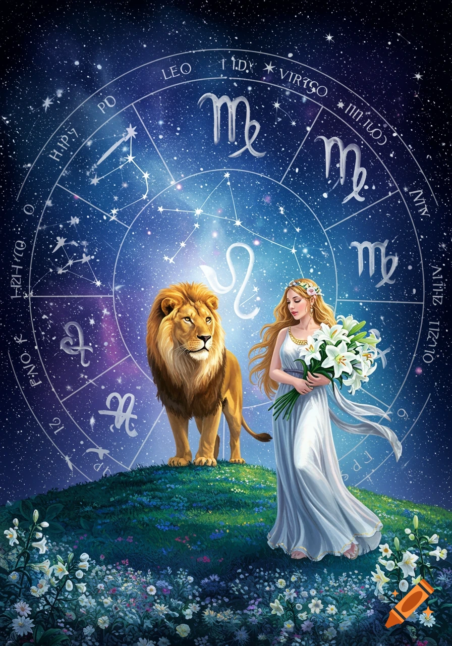 A woman in a white dress holding lilies stands beside a lion on a grassy hill, under a starry sky with a zodiac wheel.