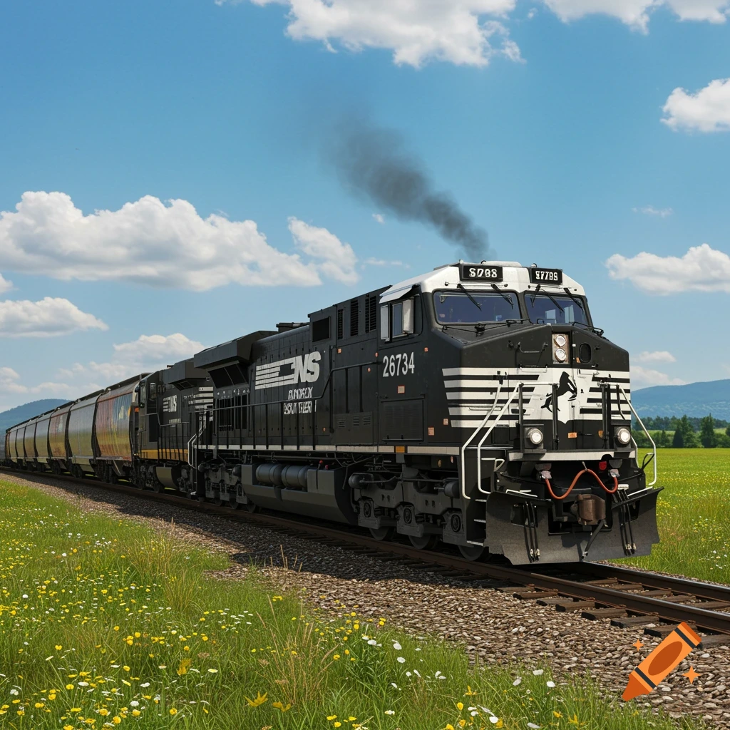 A black Norfolk Southern freight train with white stripes and a horse logo travels through a vibrant green field under a blue sky with white clouds.