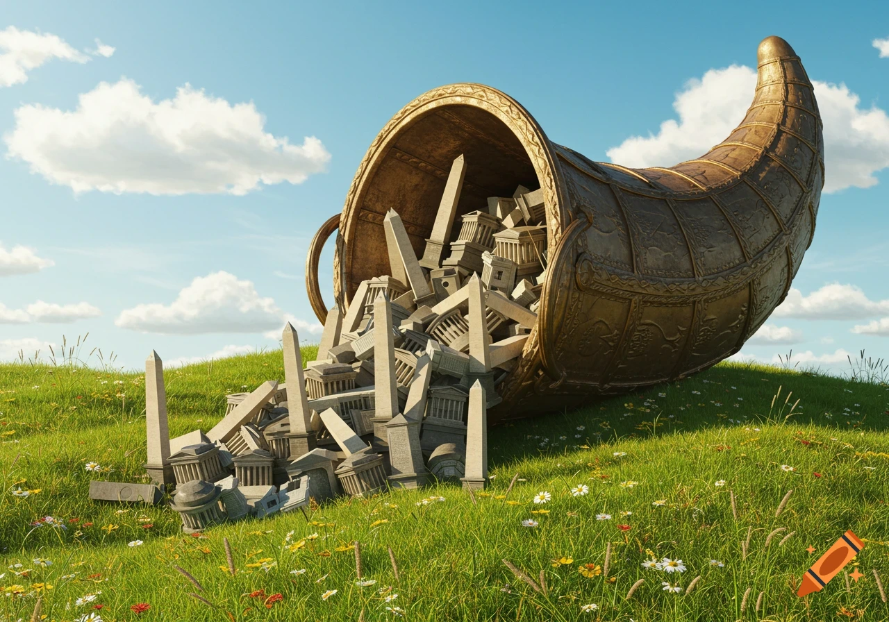 A large cornucopia on a green grassy hill spills out miniature Washington Monuments and classical architectural elements under a blue sky.