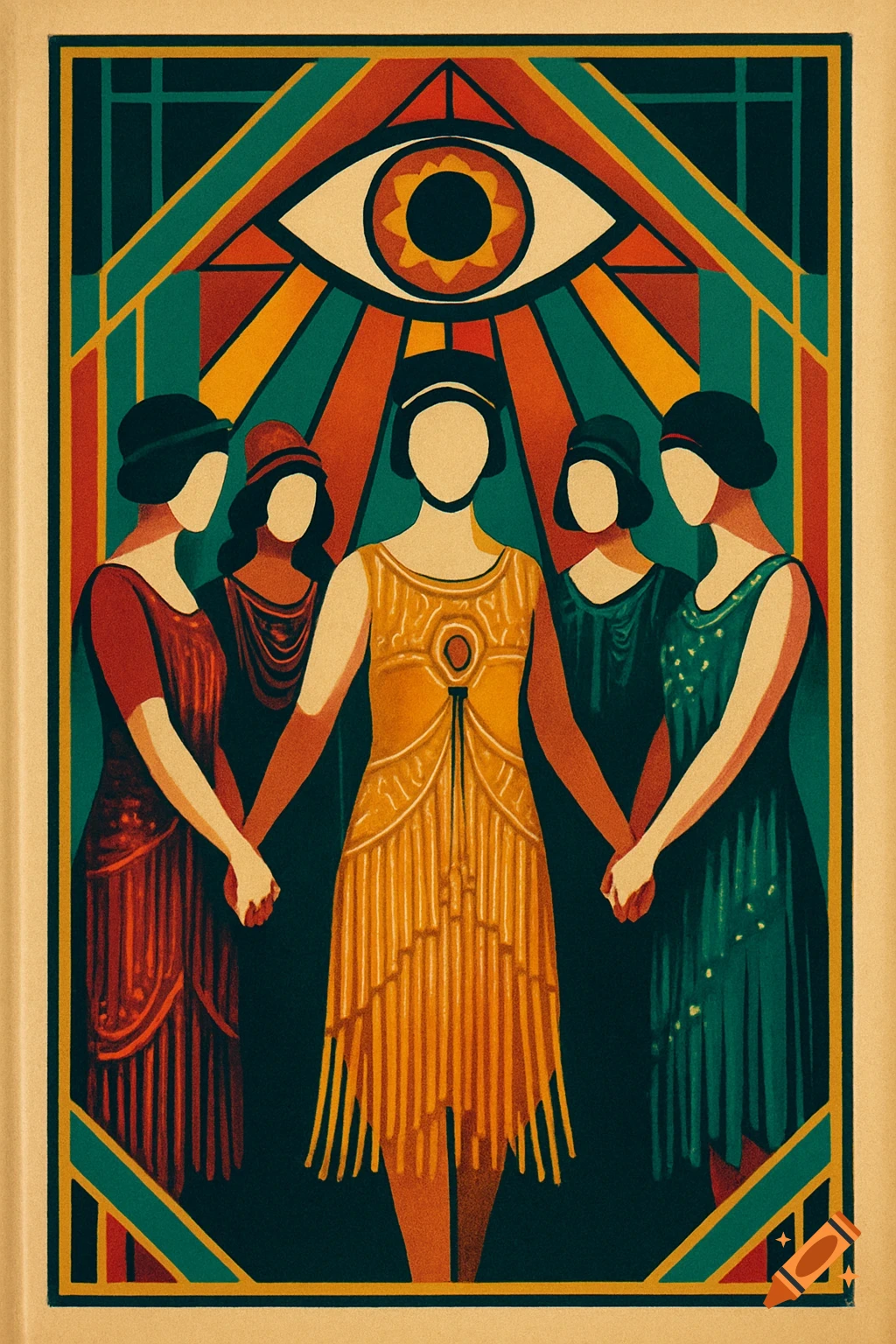 Five stylized women in vintage dresses holding hands under a large eye symbol, in an Art Deco poster style.