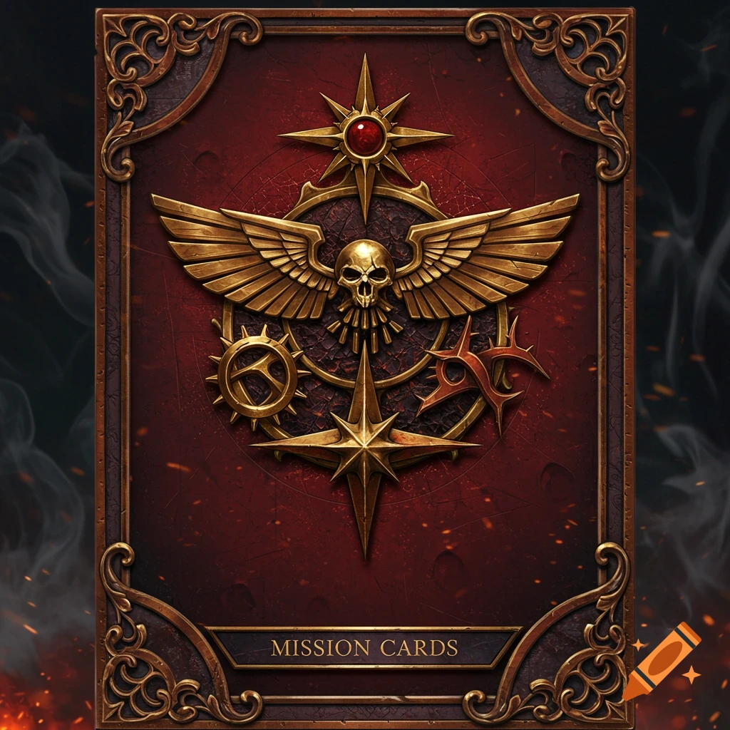 A decorative card back featuring a gold winged skull, stars, and gears on a deep red background, with the text 'MISSION CARDS' at the bottom.