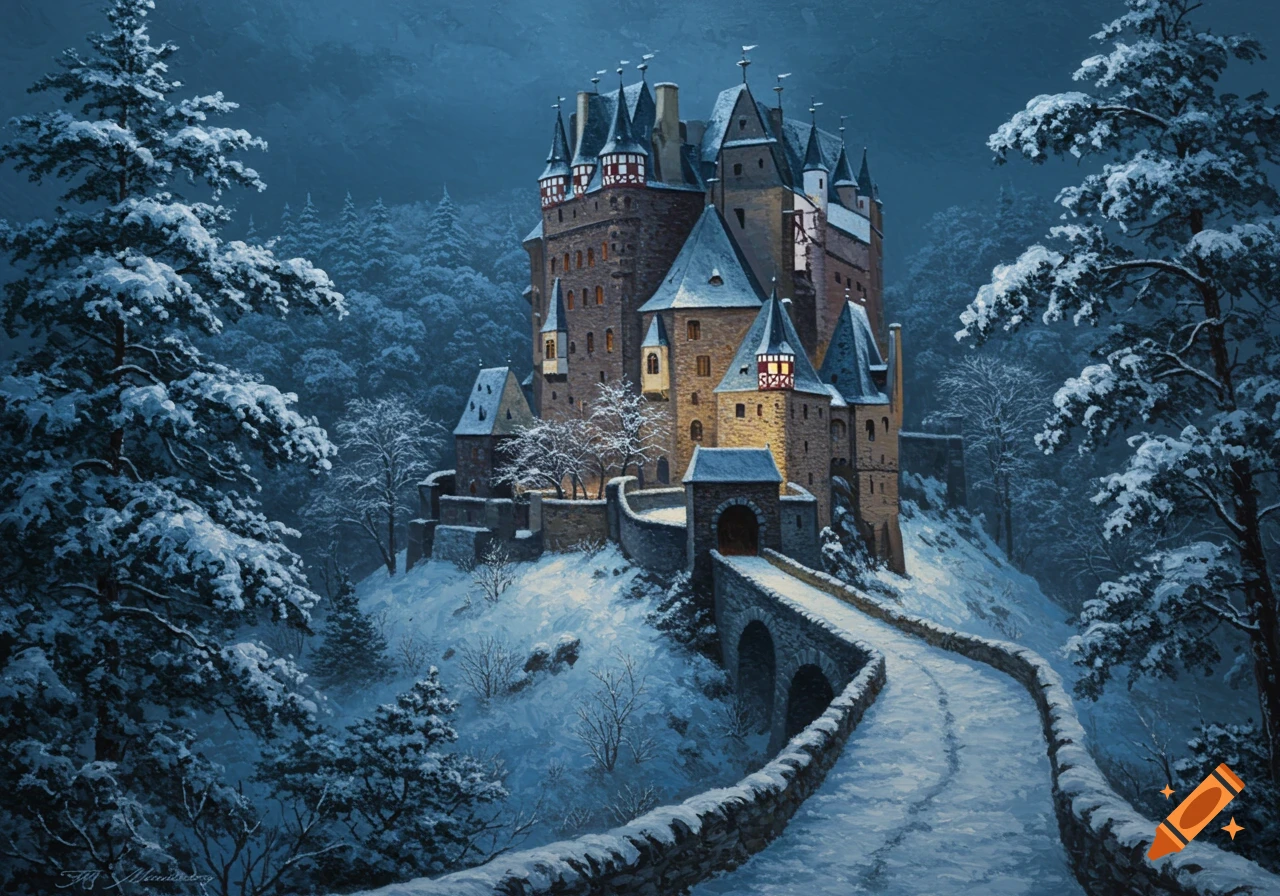 Oil painting of an ancient, snow-covered castle on a hill, with warm lights in windows, surrounded by snowy evergreen trees, and a bridge.