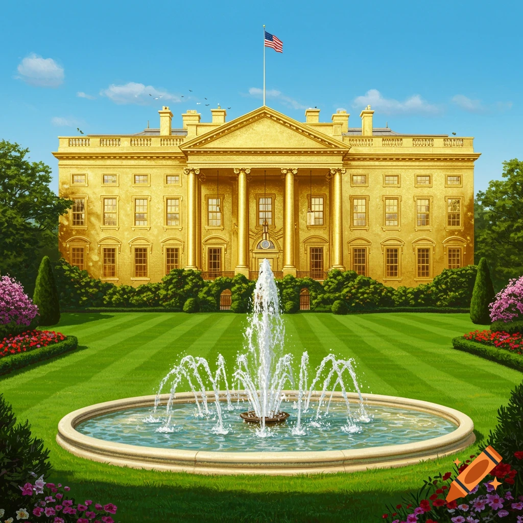 A golden White House stands under a blue sky, fronted by a large fountain and a meticulously manicured green lawn.