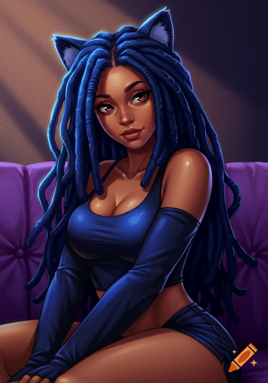 90s anime-style brown-skinned woman with blue dreadlocks styled as cat ears, wearing a blue top and skirt, sitting on a purple couch.
