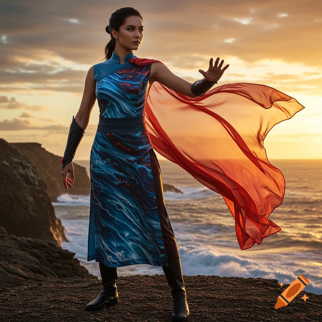 A woman in a blue and red patterned dress and red cape stands on a rocky cliff overlooking the ocean at sunset, hand raised.
