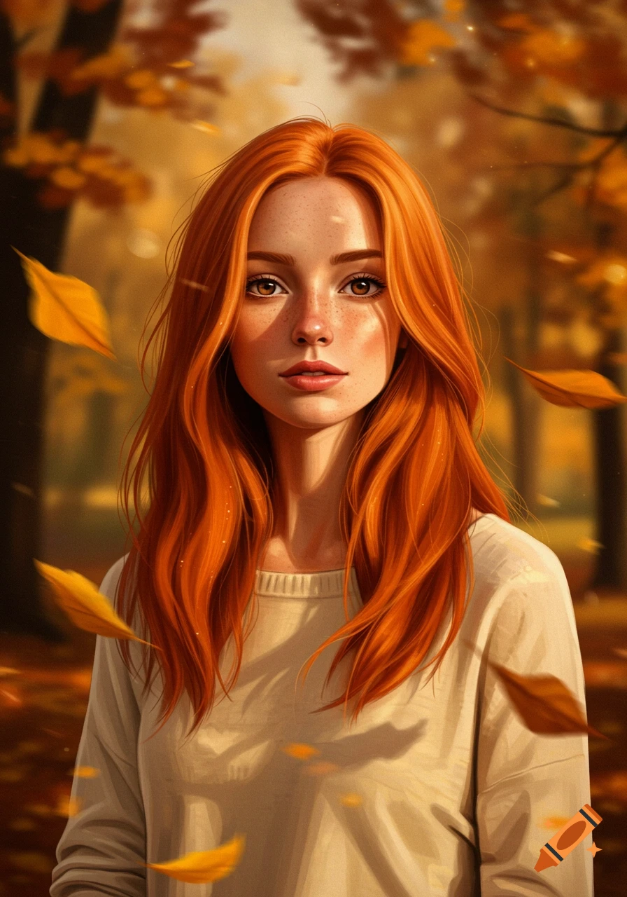 A vibrant portrait of a red-haired woman with freckles standing in an autumn forest with falling yellow leaves.