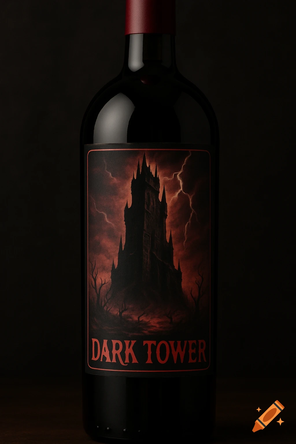 Dark red wine bottle with a label depicting a gothic black tower under a stormy red sky, with 'DARK TOWER' text.