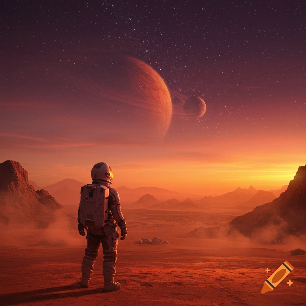 An astronaut stands on a red Martian landscape, looking up at two large planets and a starry sky during sunset.