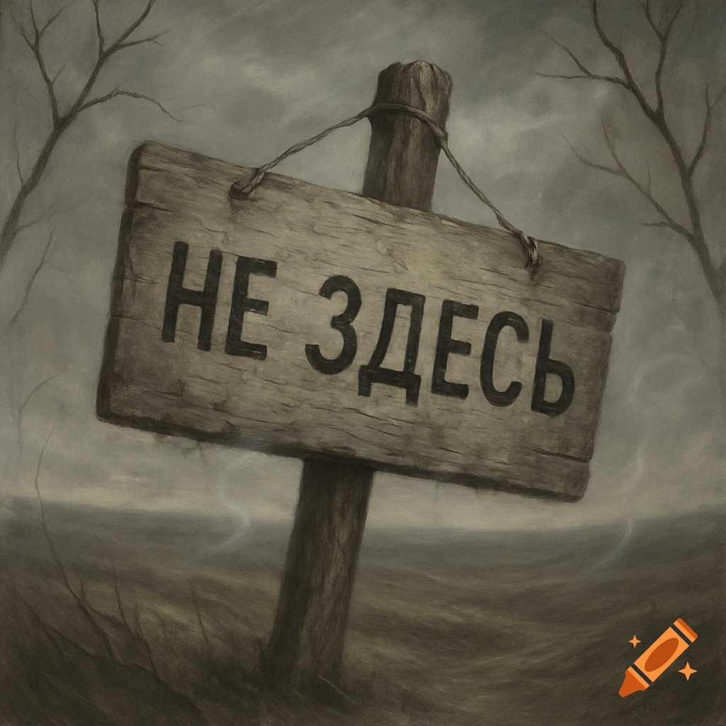 A somber painting of a weathered wooden sign reading 'НЕ ЗДЕСЬ' (Not Here) in a desolate landscape.