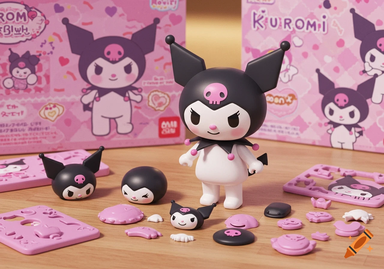 Close-up of a white and black Kuromi toy figure surrounded by pink interchangeable parts and faces on a wooden table, with pink Kuromi boxes in the background.