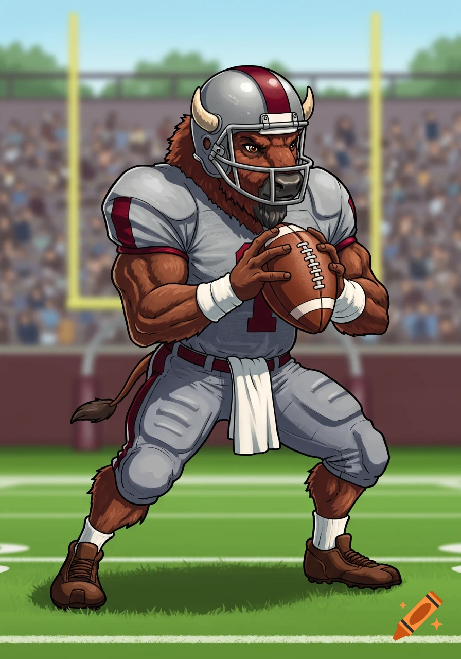 Cartoon bison football player in gray and maroon uniform holding a football on a stadium field.