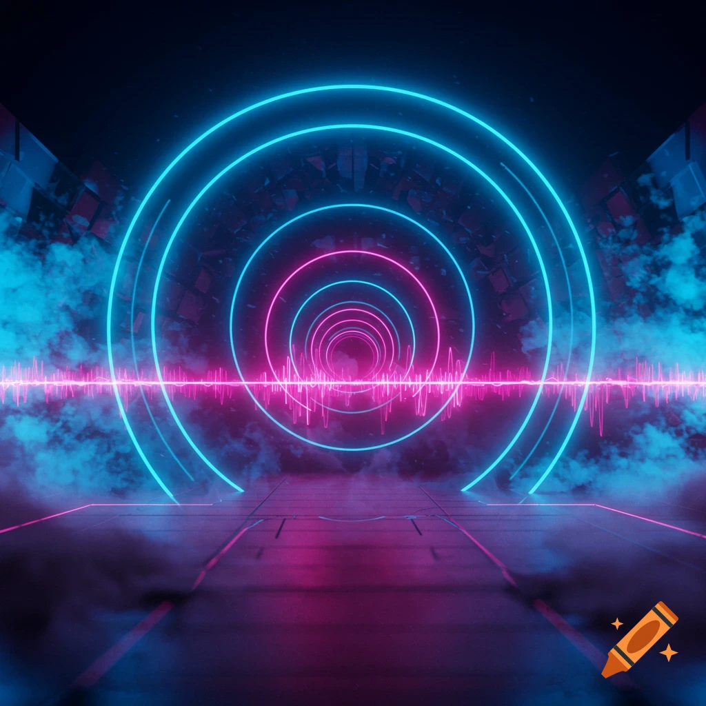 A futuristic neon tunnel with concentric blue and pink glowing circles, a pink sound wave, and smoky effects on a dark floor.