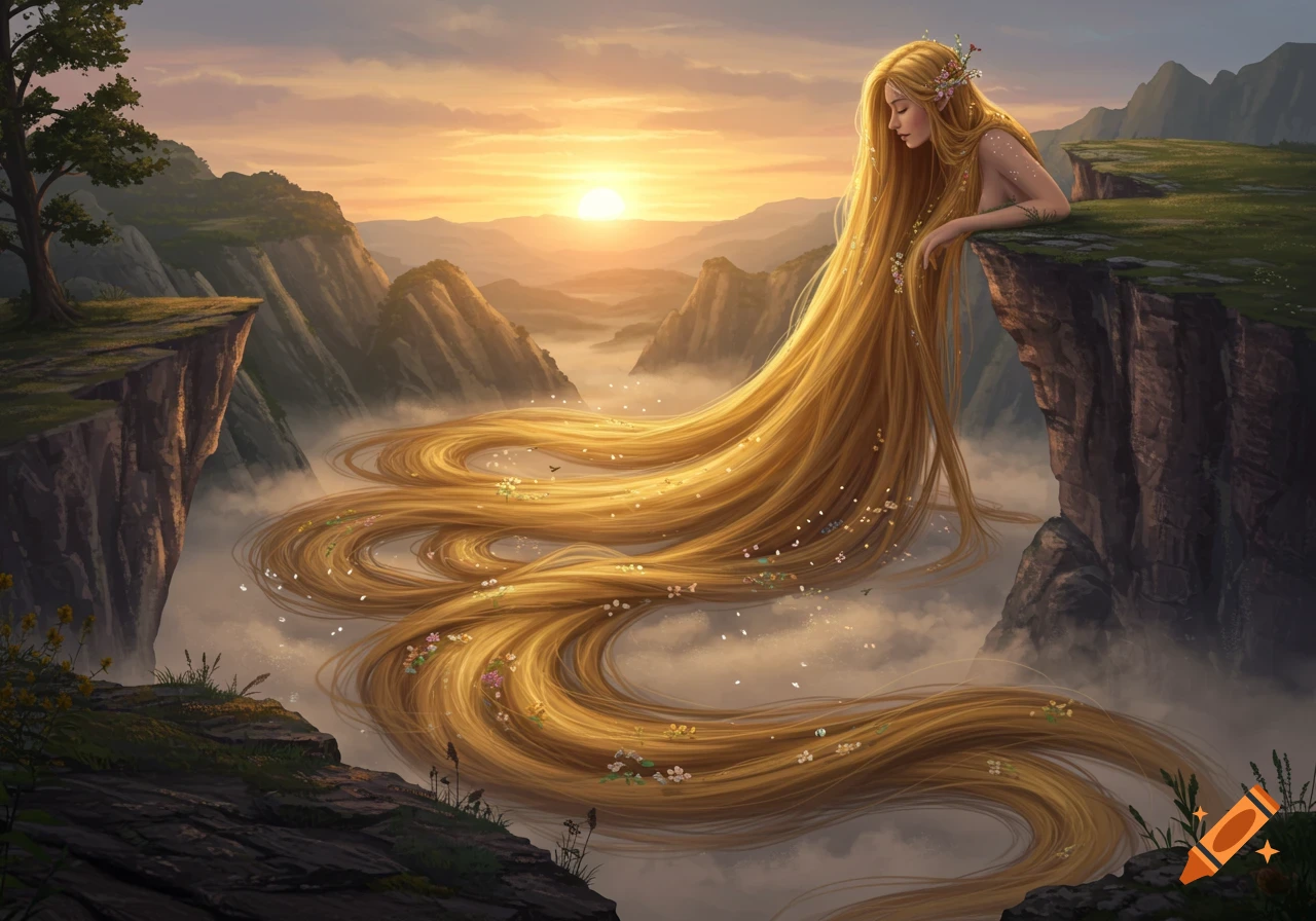 A long-haired woman, possibly Rapunzel, sits on a cliff overlooking a misty mountain valley at sunset, her golden hair flowing down.