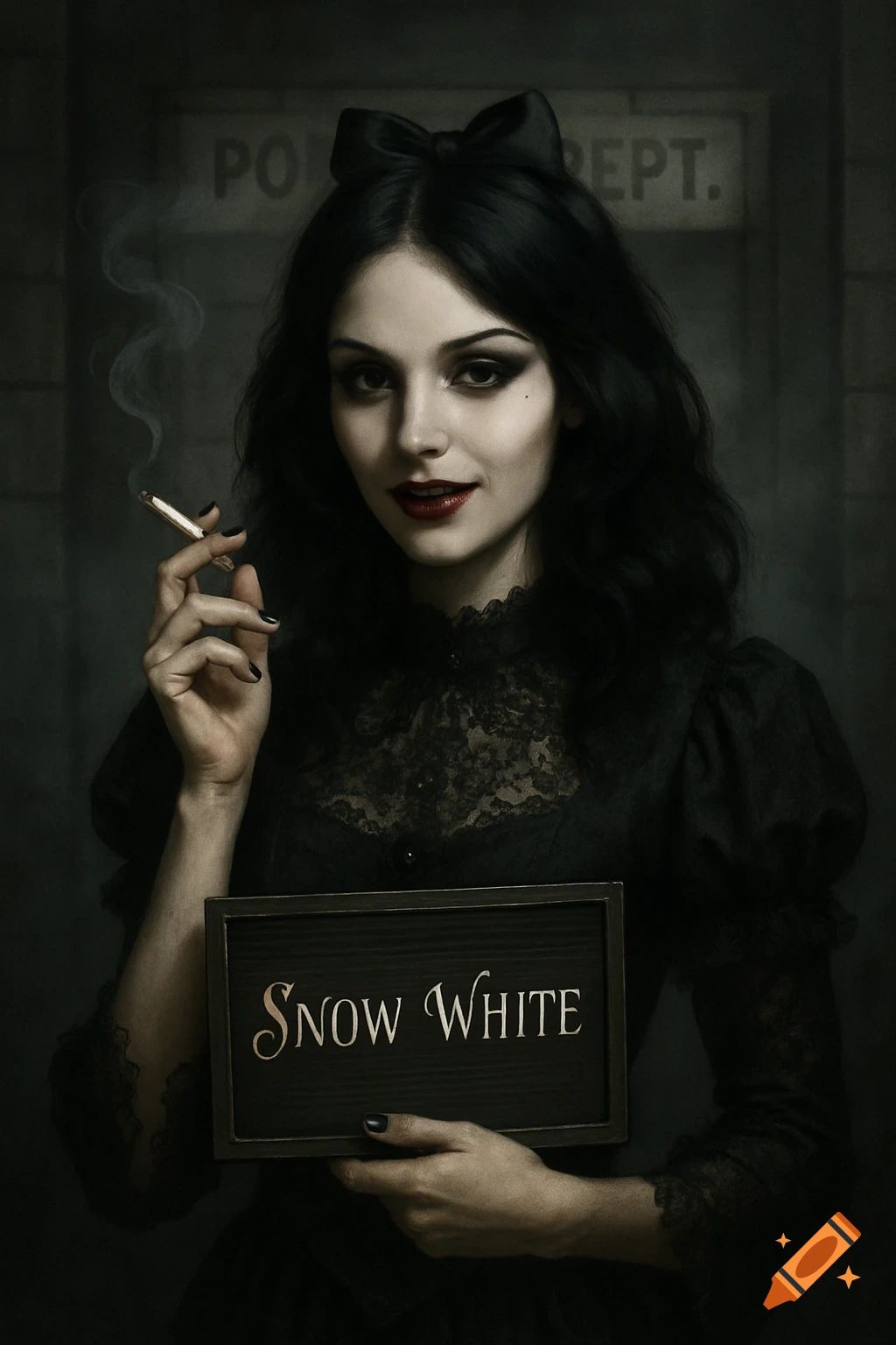 A dark, stylized portrait of a goth-looking Snow White smoking a cigarette and holding a mugshot plaque that says 'Snow White'.