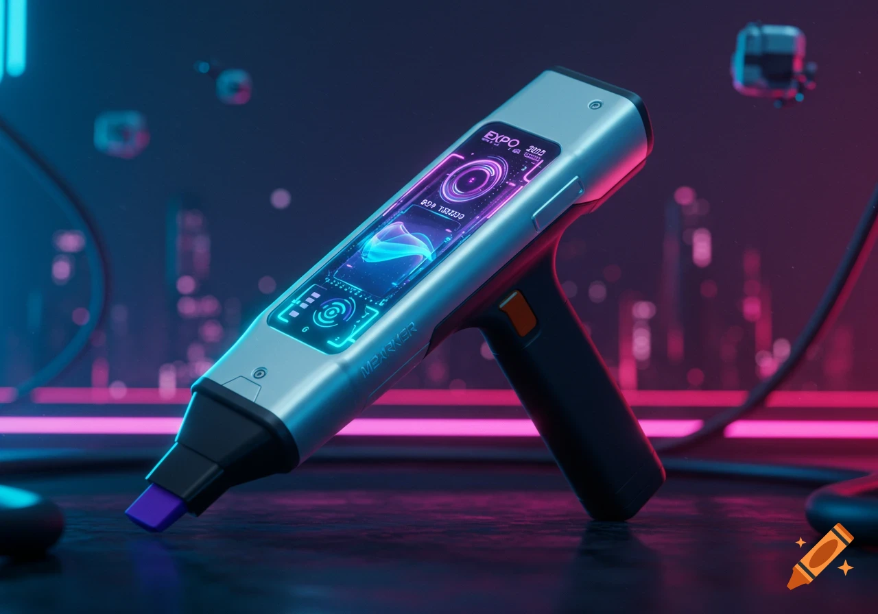 A sleek, futuristic marker-like device with a glowing screen displaying neon blue and pink graphics, set against a blurred cyberpunk cityscape.