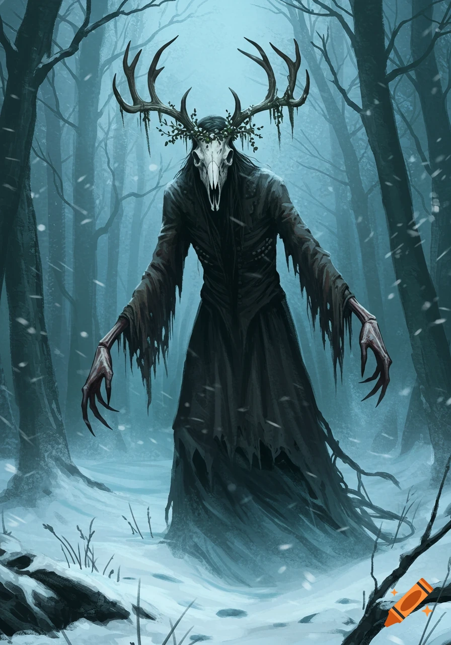 A tall, gaunt creature with a skull head and deer antlers, wearing a tattered black robe, stands in a snowy, dark forest.