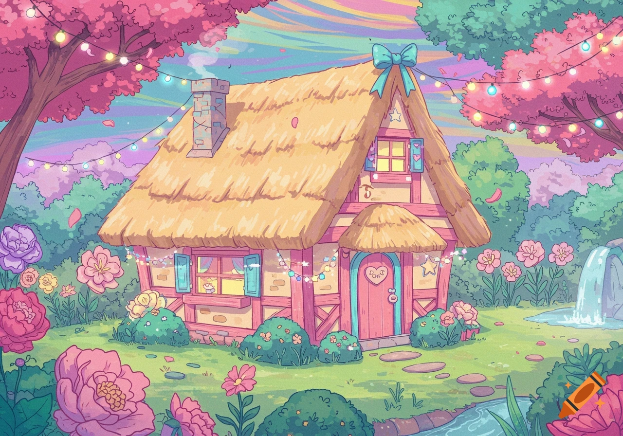 A vibrant cartoon illustration of a whimsical thatched cottage surrounded by colorful flowers, trees, and a small waterfall, all under a pastel sky with string lights.