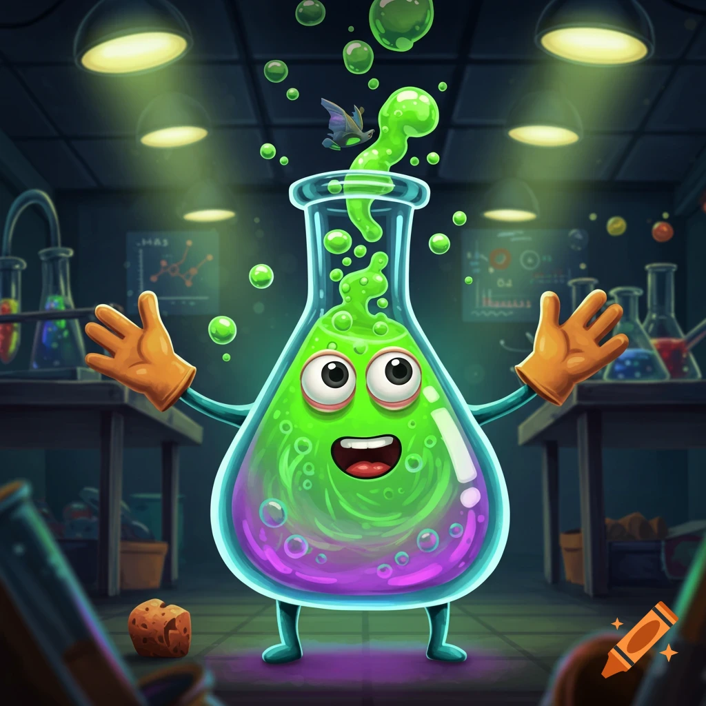 A happy cartoon scientific flask character with green and purple liquid inside, orange gloves for hands, and blue feet, stands in a lab.