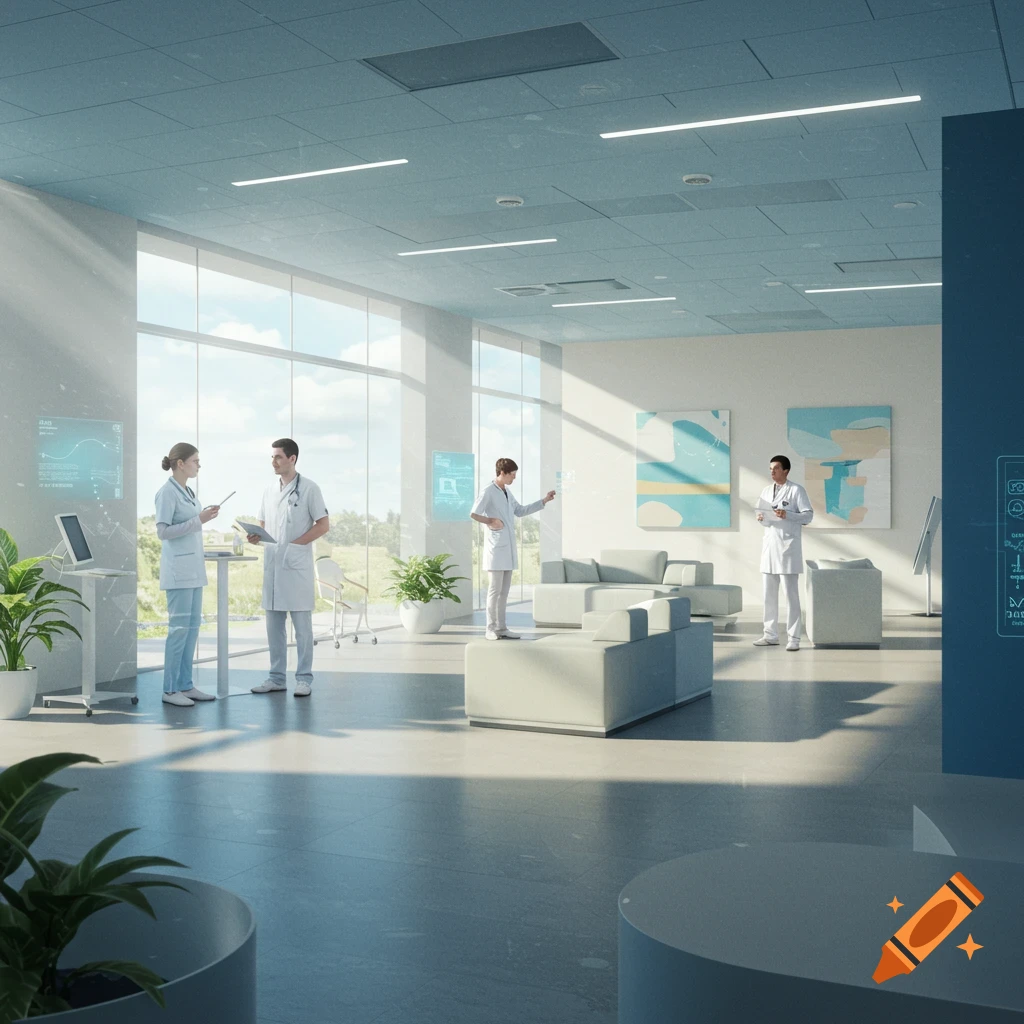 Photorealistic image of doctors in a bright, modern hospital lobby with large windows, discussing patient data.