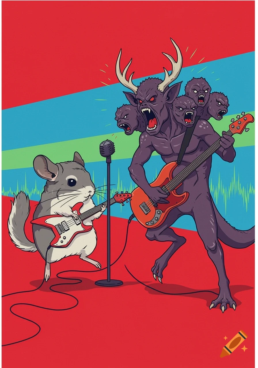 A chinchilla and a multi-headed demon play guitars in a minimalistic, colorful illustration.