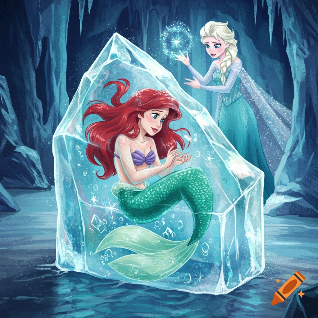 Ariel the mermaid is frozen in an ice block while Elsa uses magic, in an icy blue cave. Cartoon style.