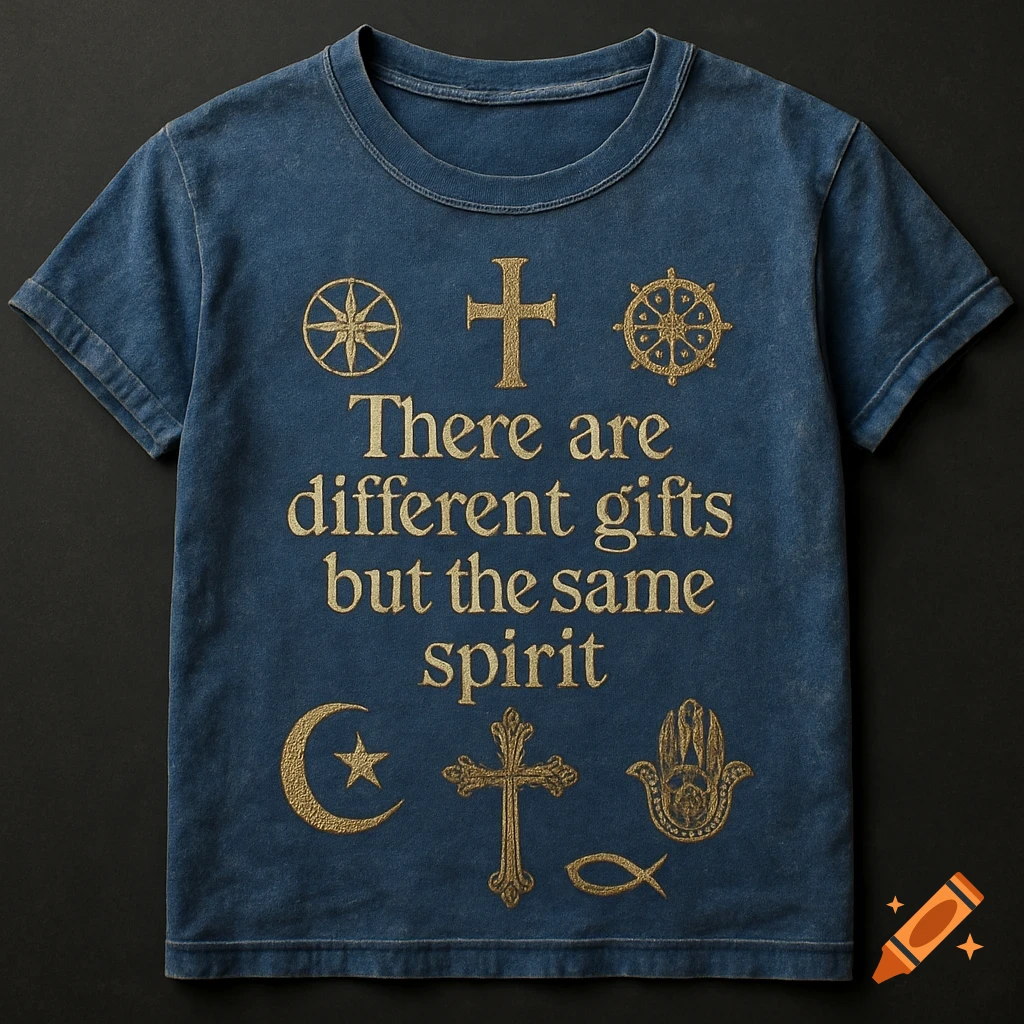 A vintage royal blue t-shirt with distressed texture, featuring golden religious symbols and the text "There are different gifts but the same spirit."