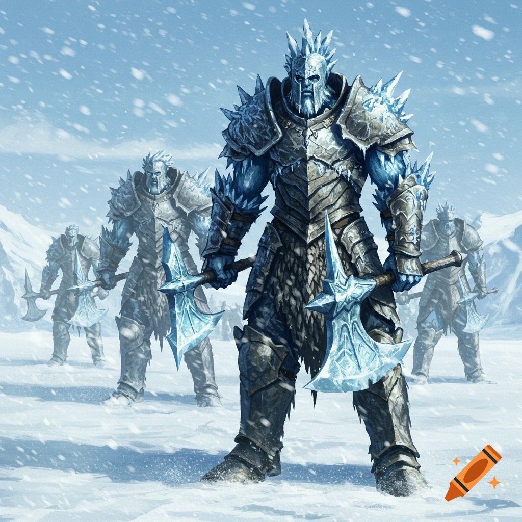 Four armored ice warriors with battle axes stand in a snowy mountain landscape during a blizzard, fantasy art.