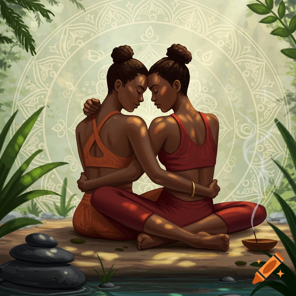 Two Black women embracing, sitting in a serene yoga pose surrounded by nature and a mandala pattern, illustration.