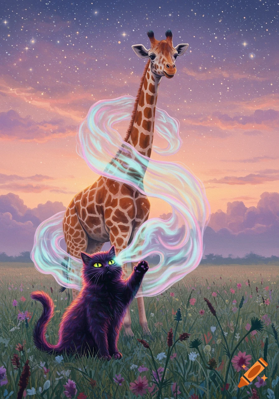 A whimsical digital painting of a black cat with glowing green eyes emitting colorful smoke toward a giraffe in a field under a starry twilight sky.