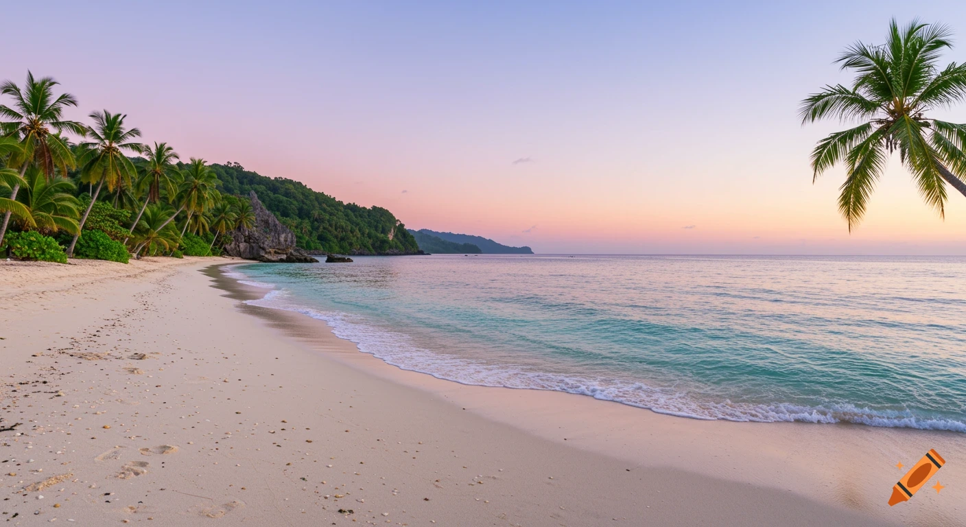 A serene tropical beach at sunrise or sunset, with calm turquoise water, white sand, and palm trees lining a lush green coastline.